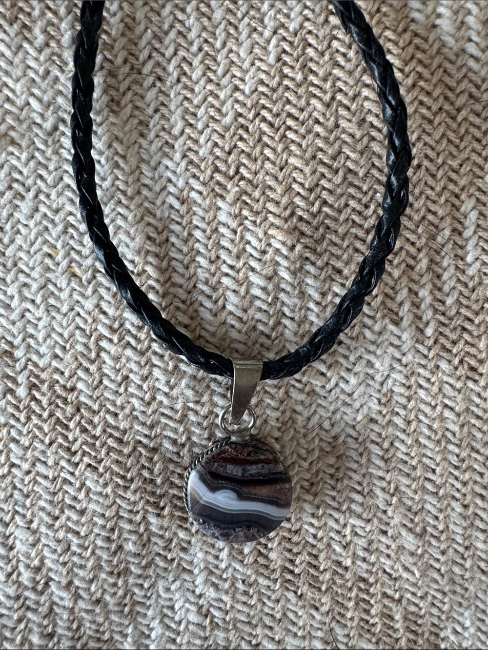 Black Braided Cord Necklace with Agate Pendant